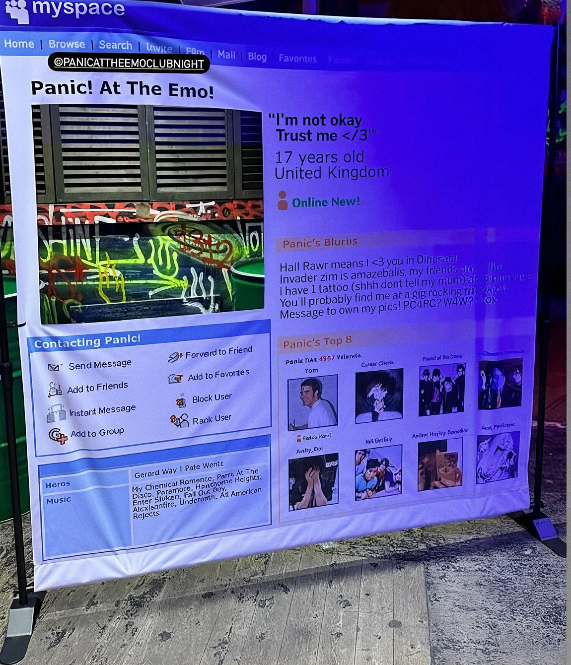 The Panic At The Emo Myspace wall photo booth backdrop: a giant printed Myspace profile